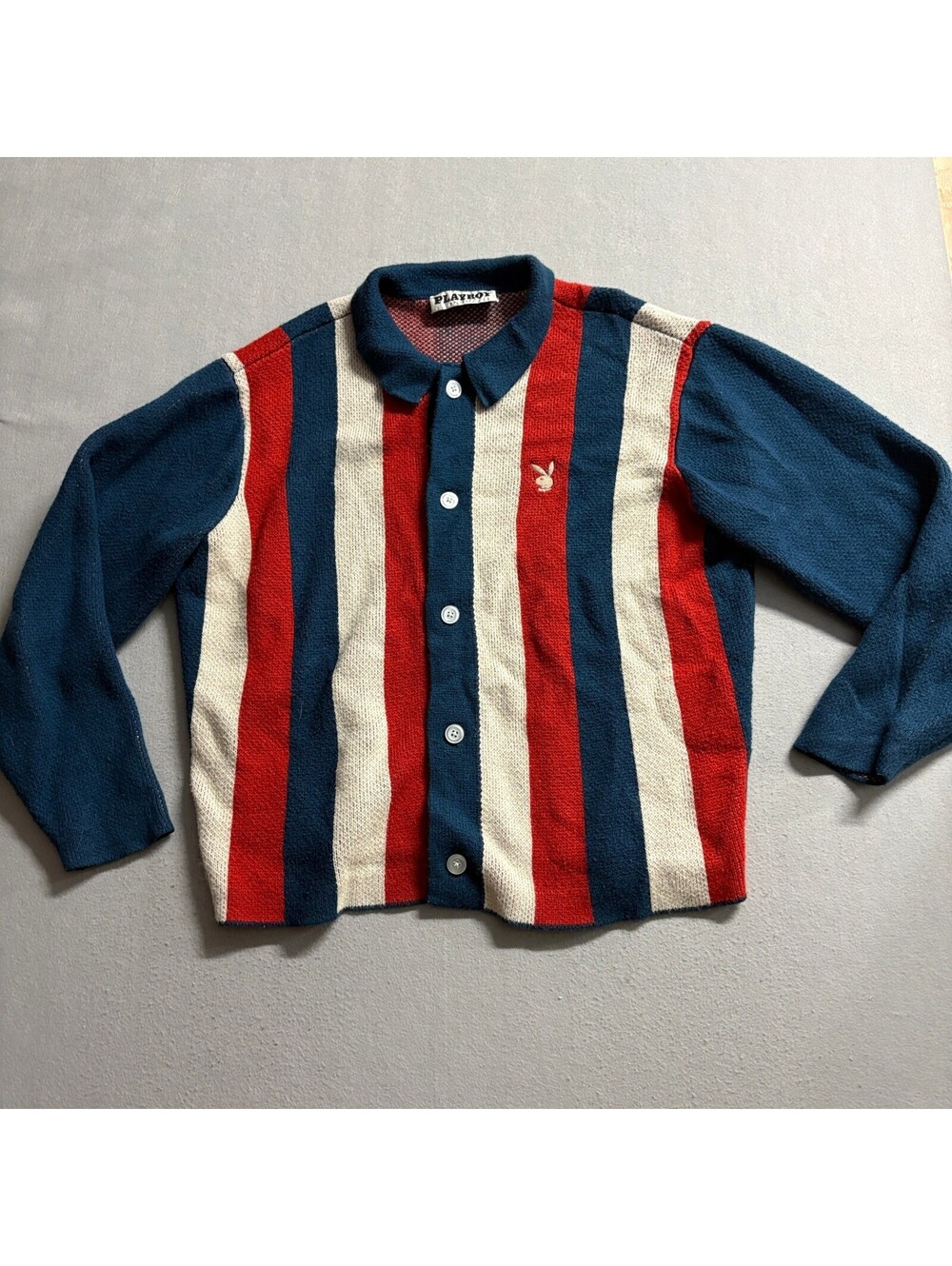 Playboy by PacSun Cardigan Sweater Womens Large Red White Blue Striped Knit